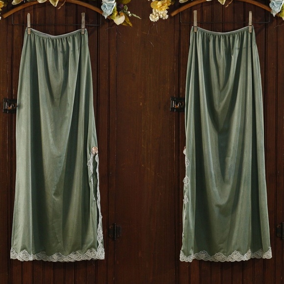 Dusty Green Silky Lace Trim Skirt - Picture 1 of 10